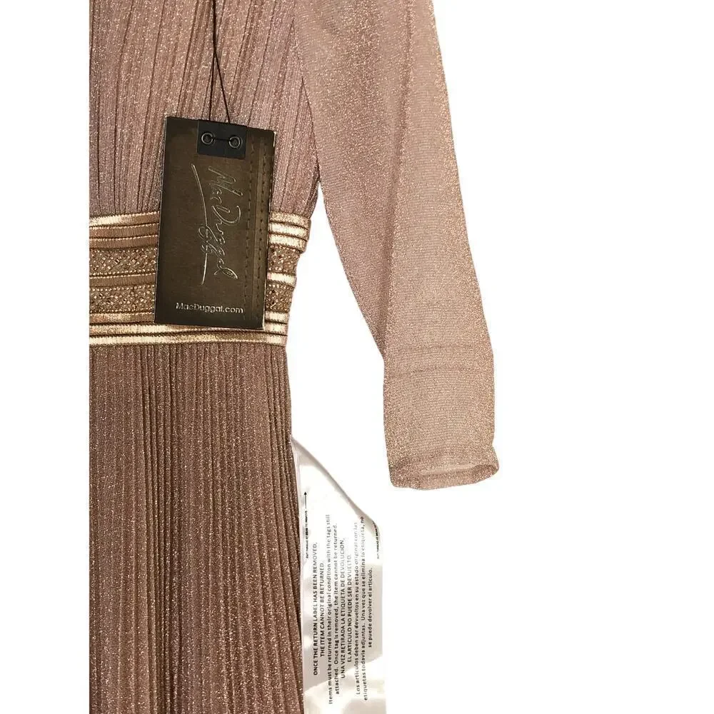 Mac Duggal 30750 Dress Shimmering 3/4 Sleeve Pleated A-Line Midi Rose Gold NWT 0